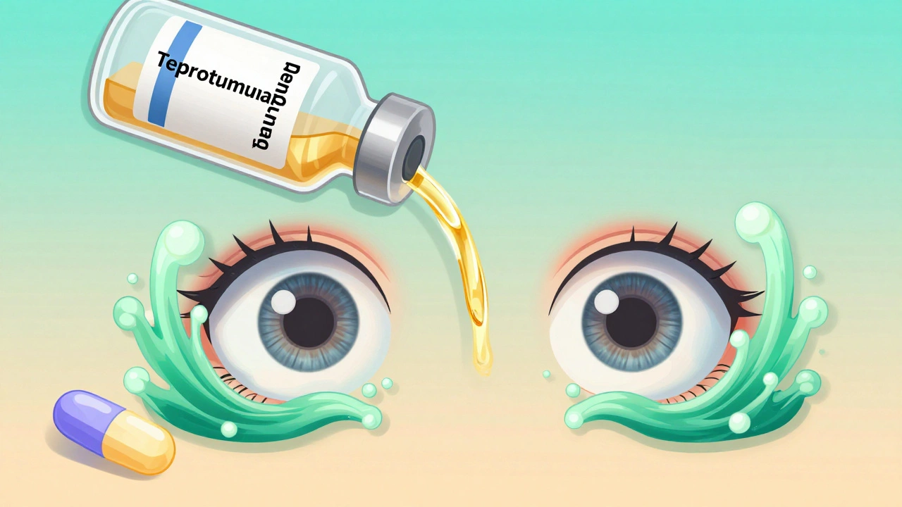 Infusion bottle healing bulging eyes with golden light, steroid pill fading in background.