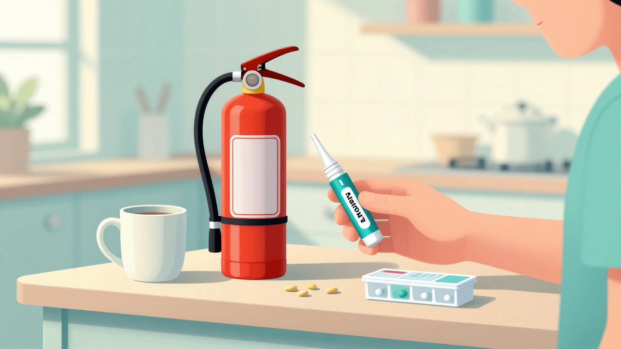 Naloxone kit placed beside fire extinguisher and EpiPen on a kitchen counter, symbolizing routine health preparedness.