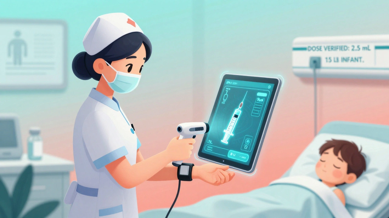 Nurse scanning medication with barcode, AR app showing correct syringe fill line on tablet screen.