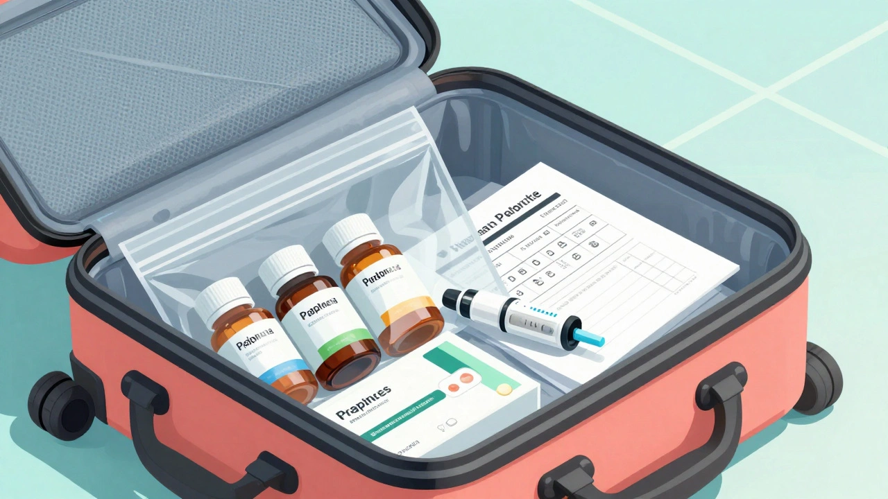 Open carry-on bag with prescription meds in original containers and a printed list beside them.