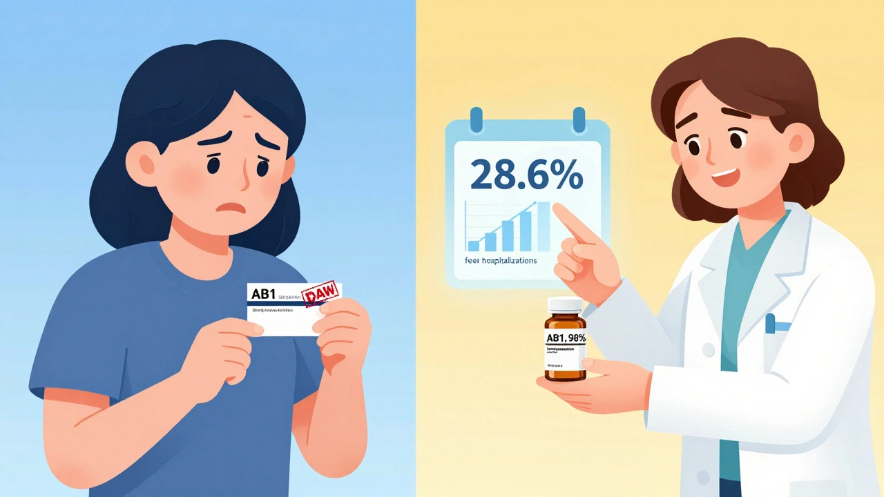 Patient transitions from expensive brand prescription to affordable generic with improved health outcomes.