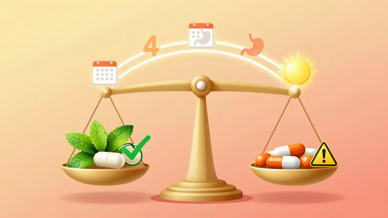 Peppermint oil vs. prescription IBS meds on a scale, showing cost and safety advantages.