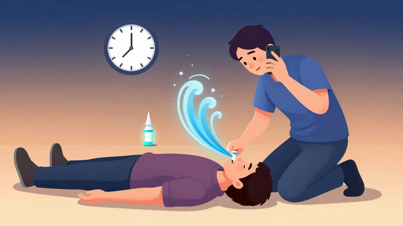 Person giving naloxone nasal spray to unresponsive person, another calling 911, rescue breaths visible.