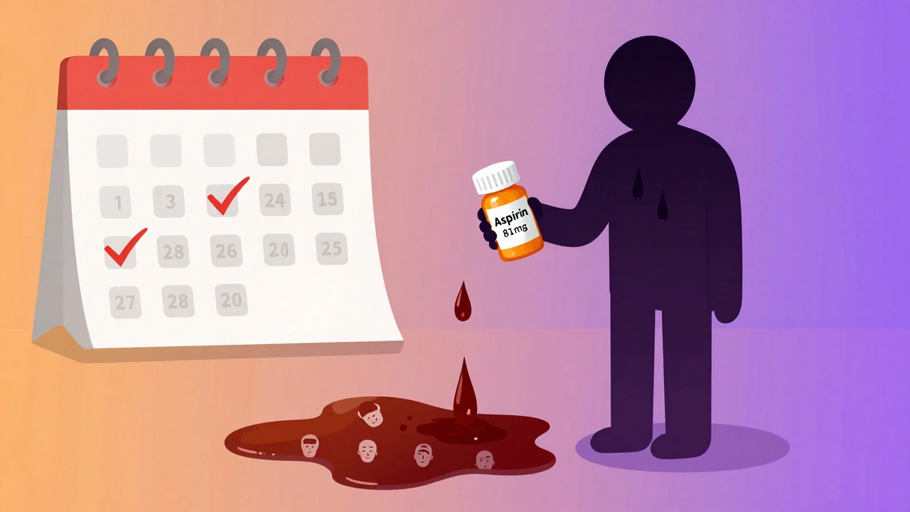 Person holding aspirin bottle beside shadowy figure dripping tar-like droplets, symbolizing silent internal bleeding.