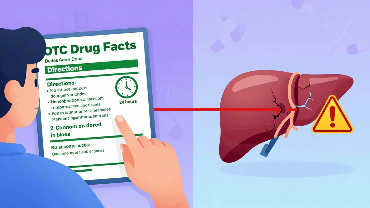 Person reading an OTC label with glowing directions and a warning liver icon connected by a red line.