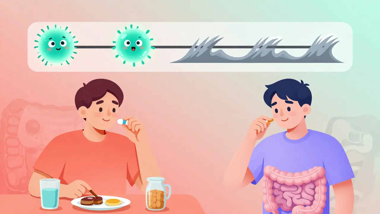 Person taking antibiotic and probiotic at different times with gut recovery timeline illustrated above