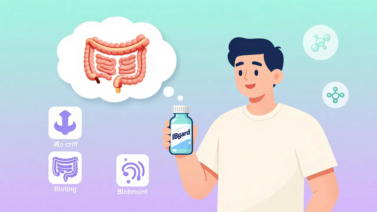 Person with calm gut and L-menthol molecule, symbolizing relief from IBS symptoms.