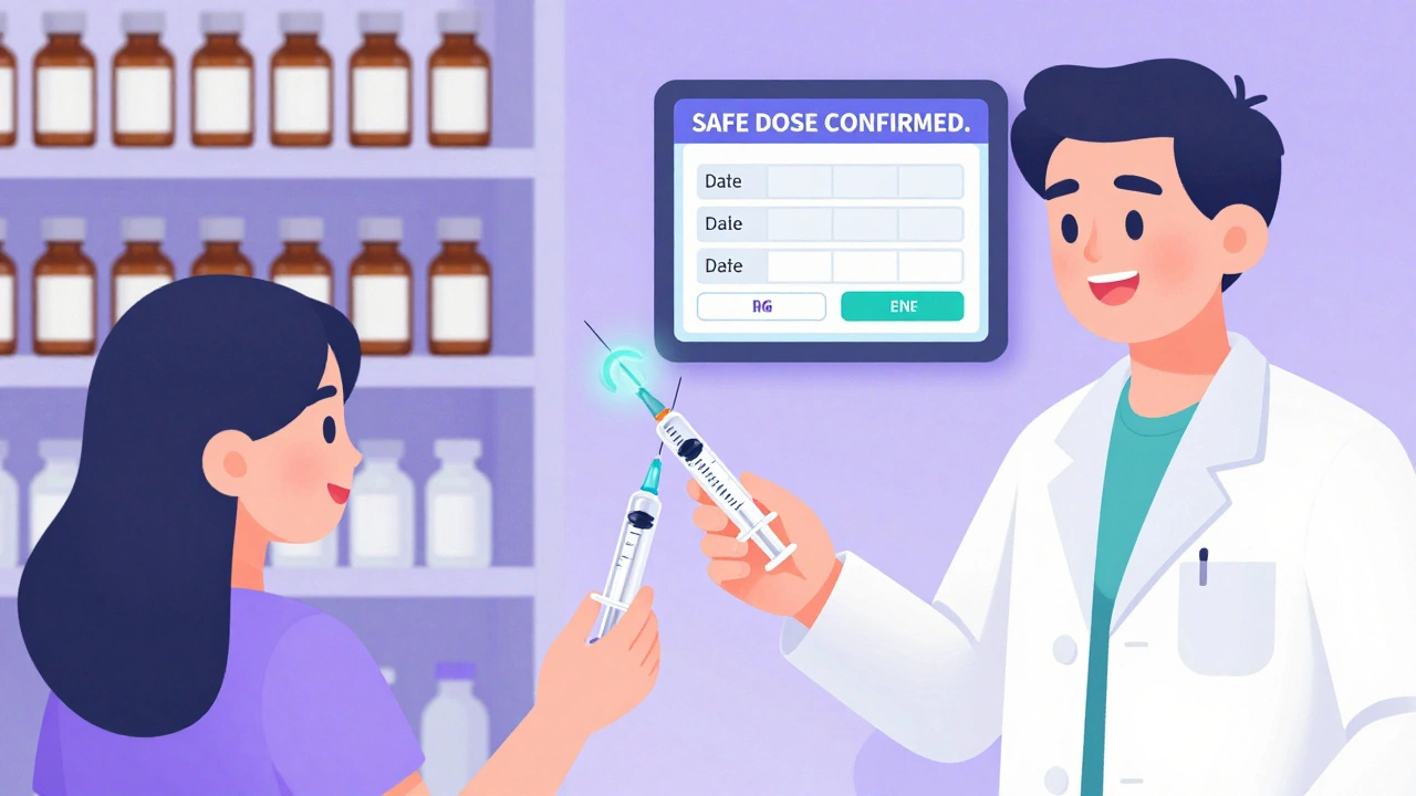 Pharmacist giving a parent a free oral syringe, with metric-labeled bottles and dose calculator visible.