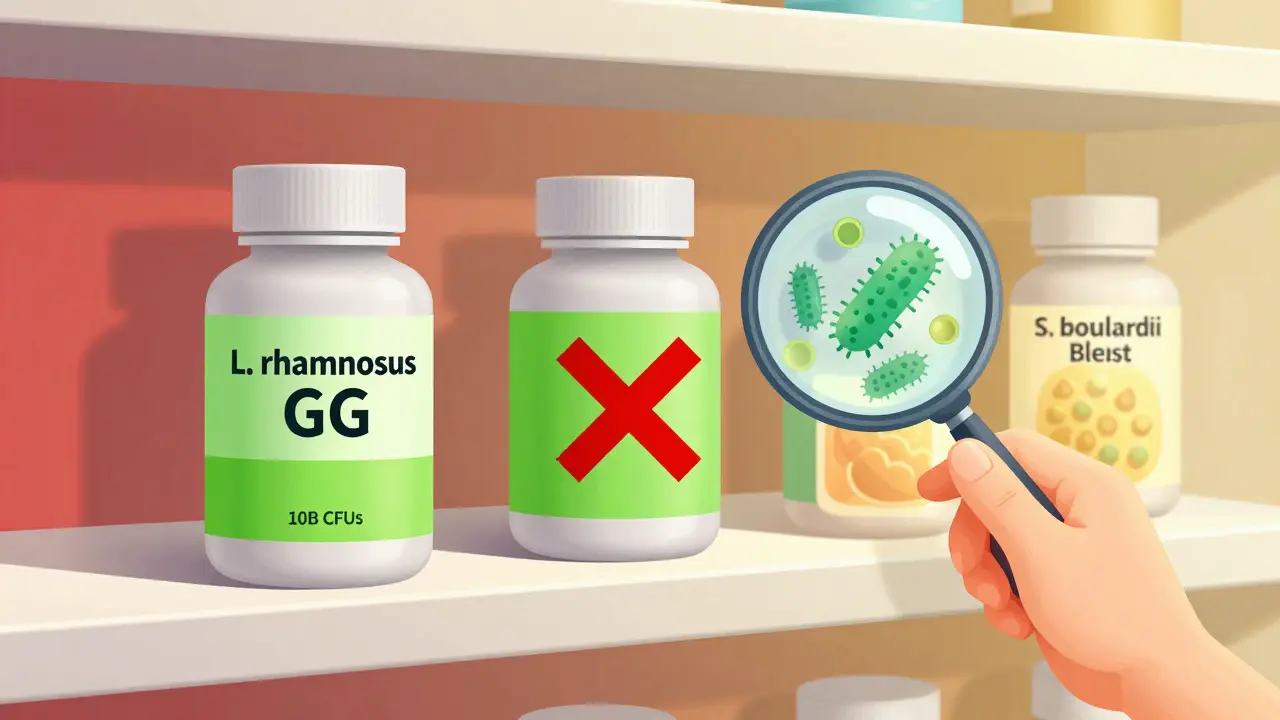 Pharmacy shelf comparing labeled probiotic supplements with misleading products