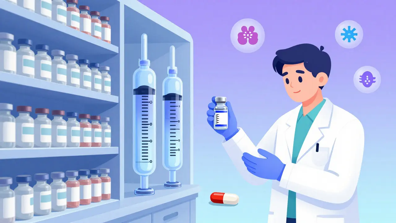 Pharmacy shelf with traditional generic pills and advanced biosimilar injectables, surrounded by icons of chronic diseases and a scientist placing a new biosimilar vial.