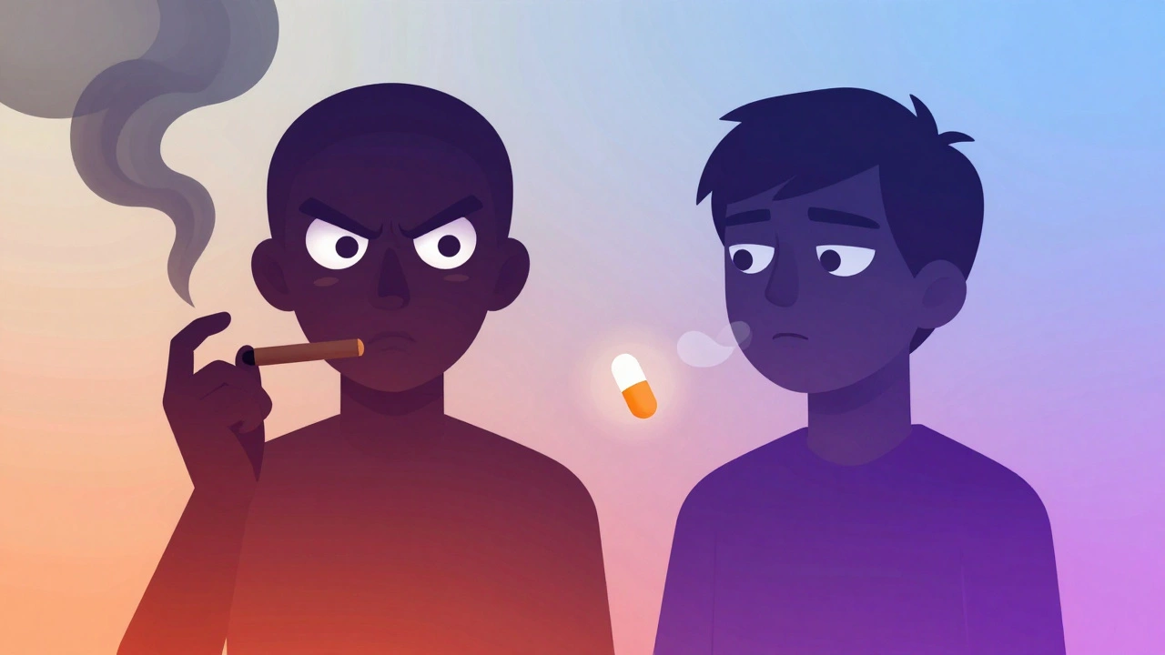 Smoker&#039;s silhouette forming angry eyes from smoke, healthy eye figure beside with selenium capsule.