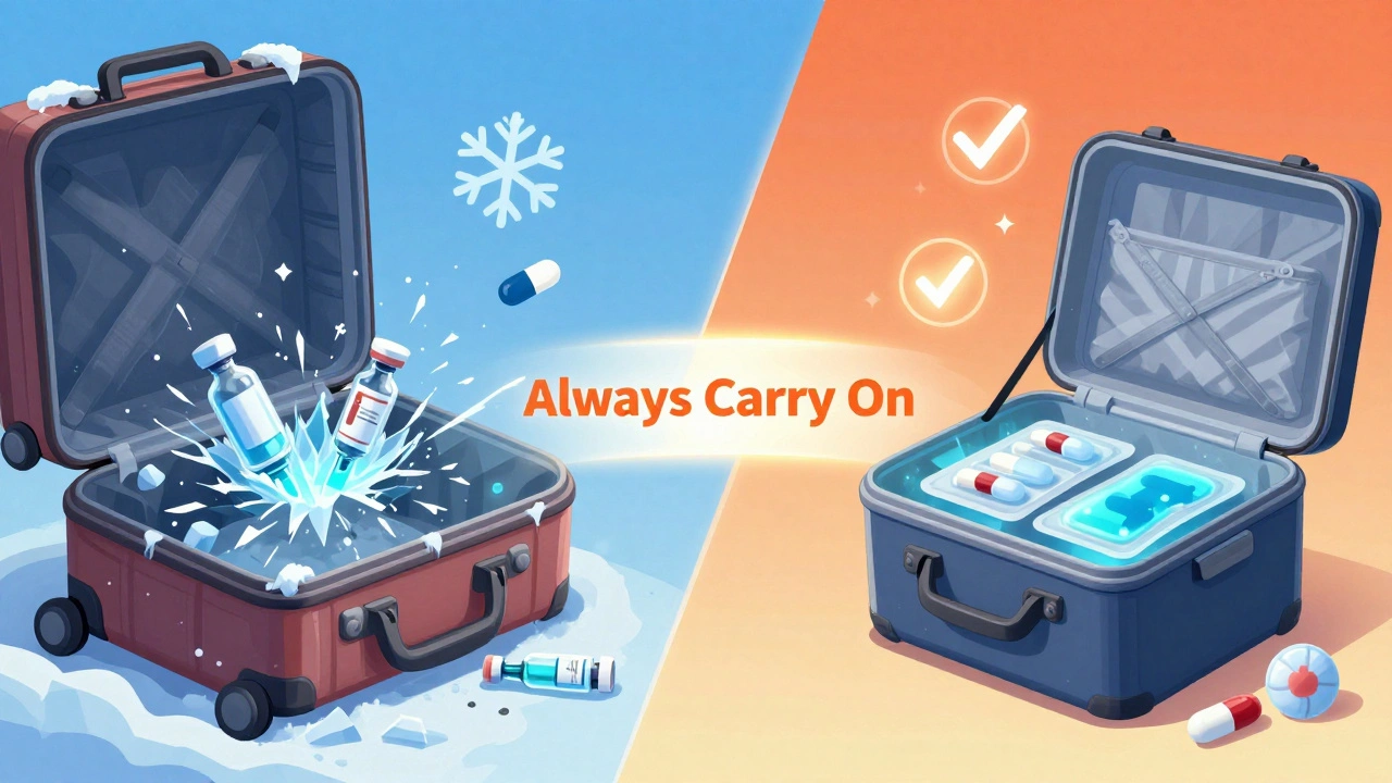 Split illustration: frozen ruined meds in cargo vs. safe meds in carry-on cooler with glowing packs.