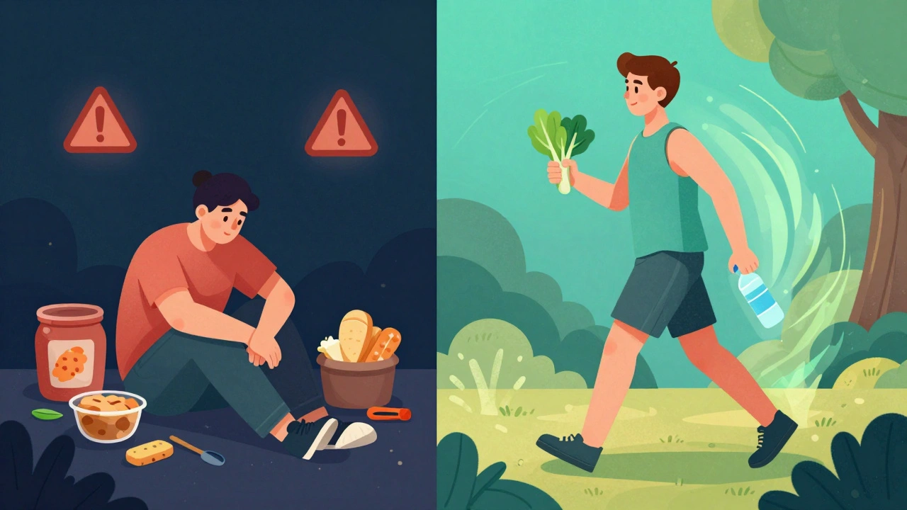 Split illustration: left side shows unhealthy habits with warning symbols, right side shows active, healthy lifestyle with healing waves.