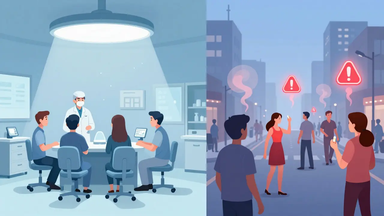 Split scene: clinical trial on one side, real-world patients with rising warning symbols on the other.