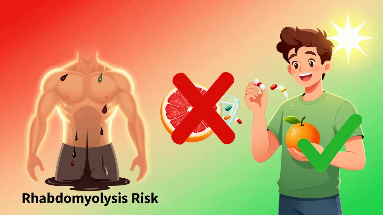 Split scene: one side shows health danger from grapefruit, the other safety with orange and alternative medication.