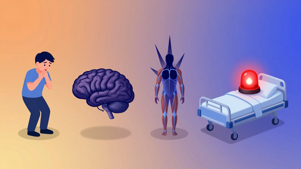 Timeline showing metoclopramide use leading to dangerous dopamine overload and emergency NMS symptoms.