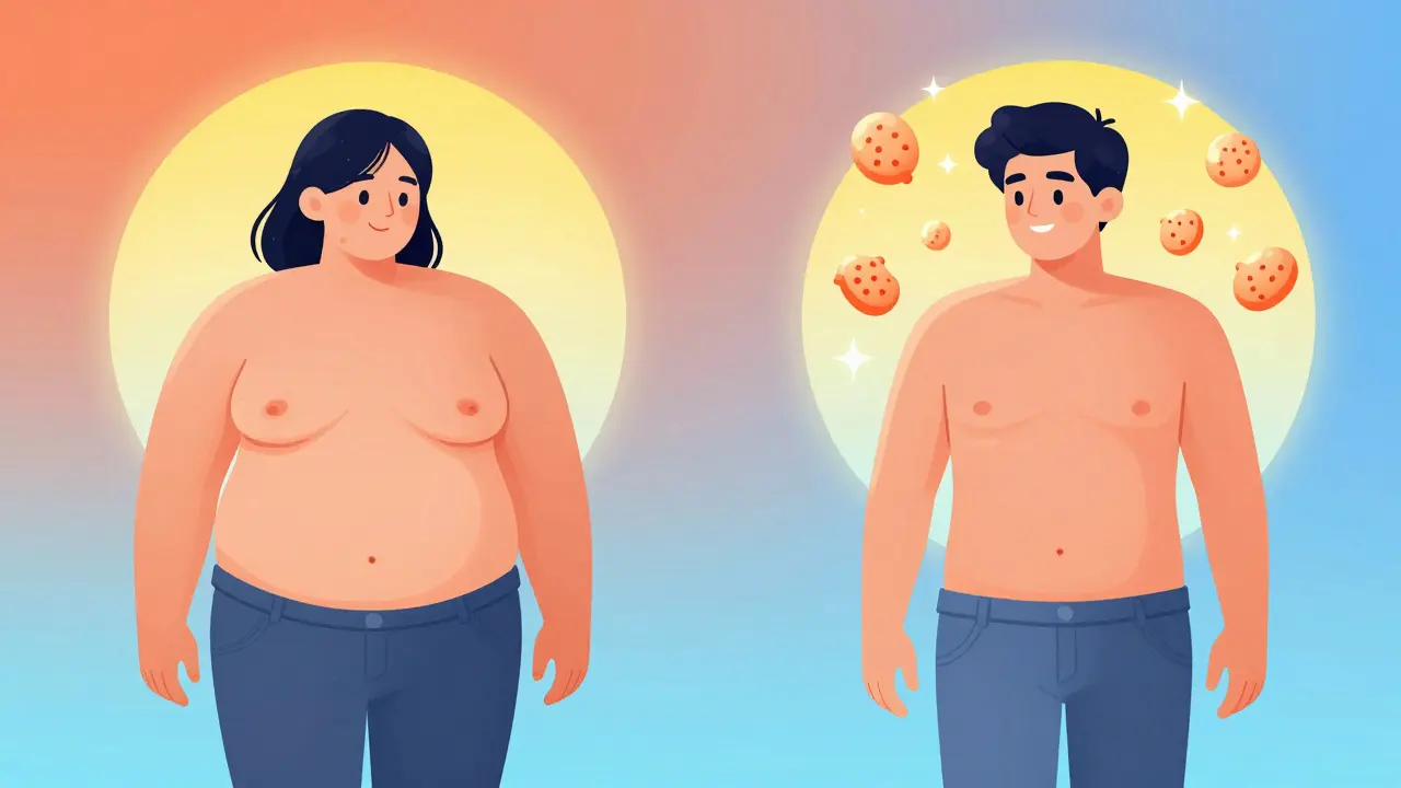 Two figures side by side, one losing more weight than the other, with gradient halos showing tirzepatide&#039;s superior fat loss.