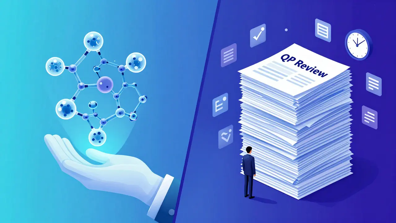 A delicate biologic molecule being handled while a person reviews towering paperwork with clocks around them.