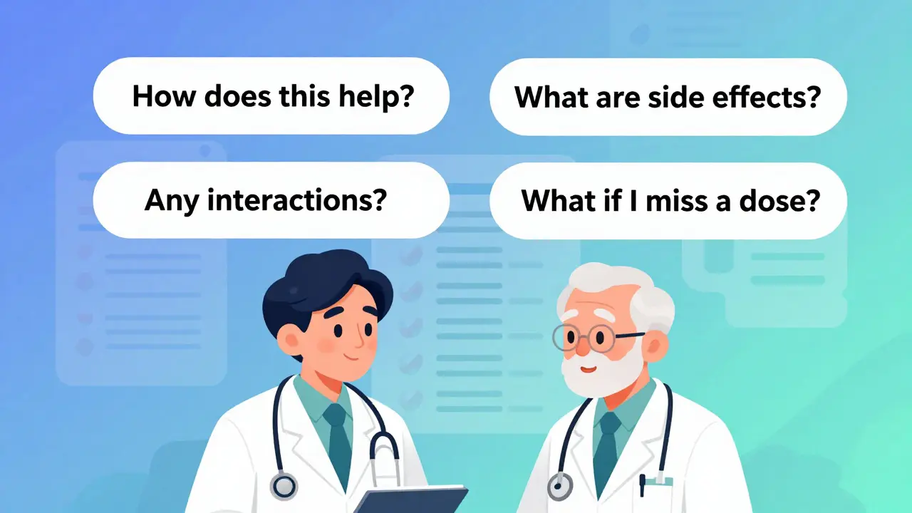 A doctor and senior talking with four key medication questions floating above them in a calm, gradient-styled scene.