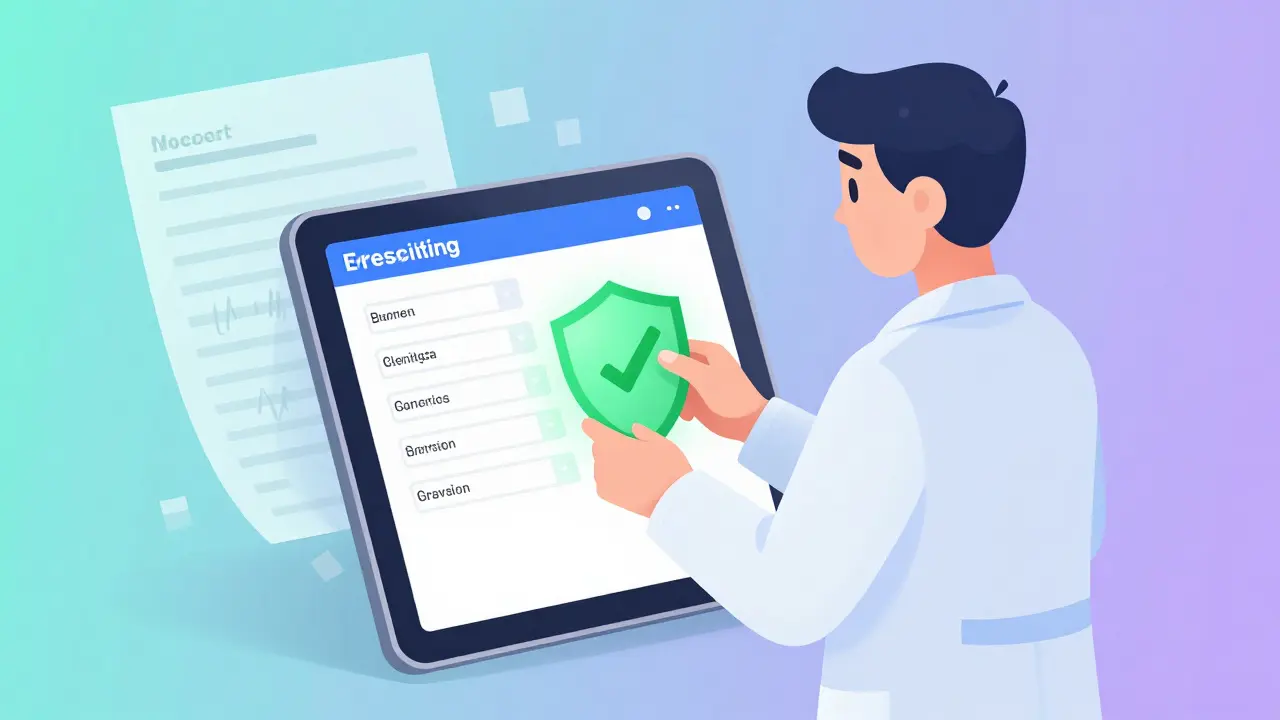 A doctor uses a tablet to send a safe e-prescription, while a paper prescription fades away.