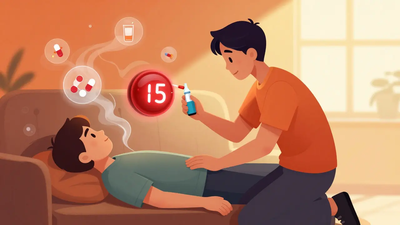 A family member administering naloxone to an unresponsive person, with opioid and sedative icons swirling around them.