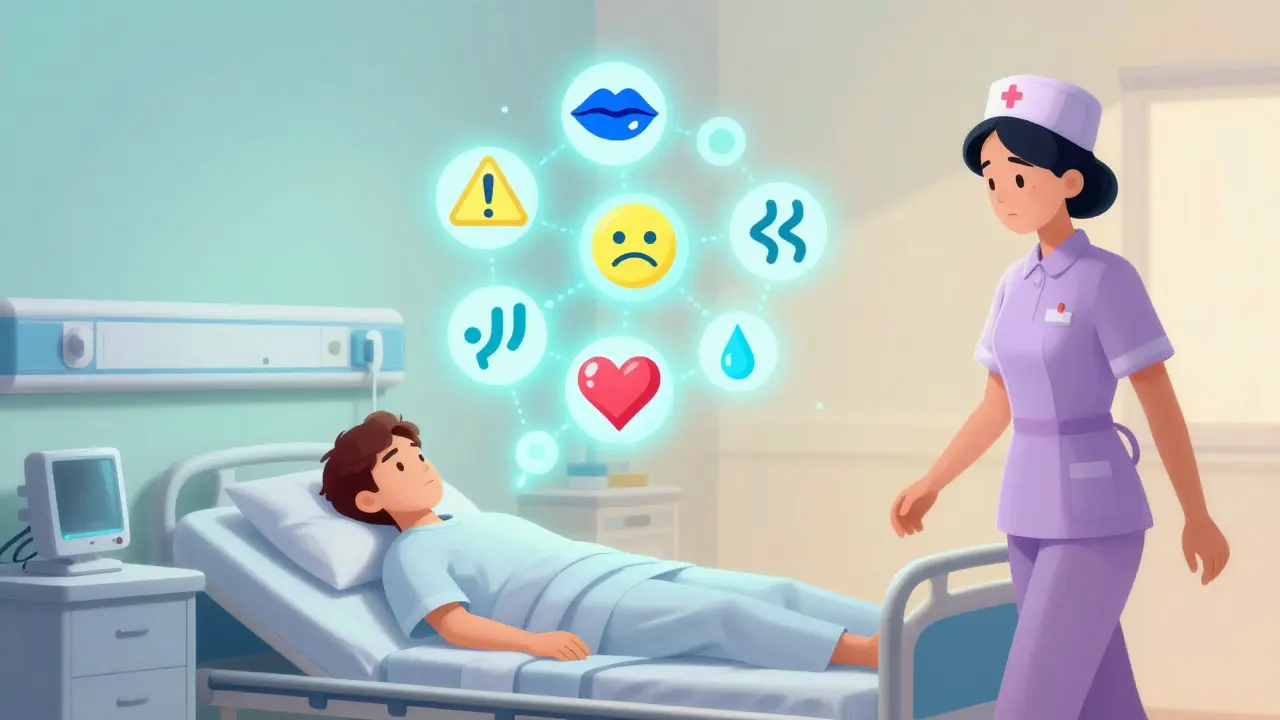 A hospital bed with floating warning symbols above an unresponsive patient while a nurse walks away unaware.