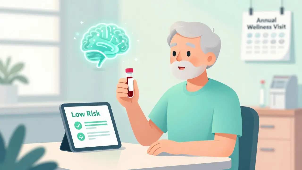 A man in a clinic holding a blood vial next to a tablet showing a 'Low Risk' result, with abstract AI icons floating nearby.