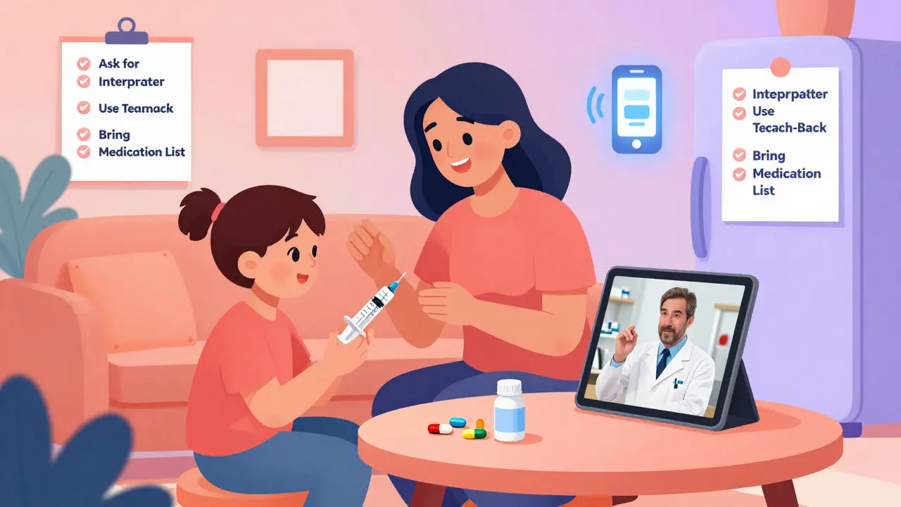 A mother teaching her child how to take medicine using a toy syringe, with a pharmacist visible on a video call.