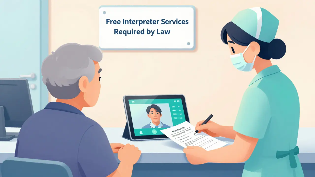 A nurse asking an elderly patient about their preferred language at a hospital check-in desk with a live interpreter on a tablet.