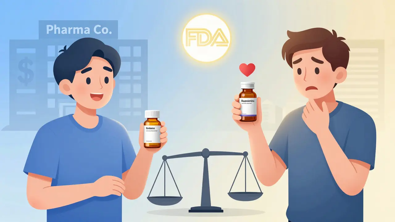 A patient holds two bottles—one cheap generic, one pricier authorized generic—with a scale tipping toward cost and a heart over the trusted version.