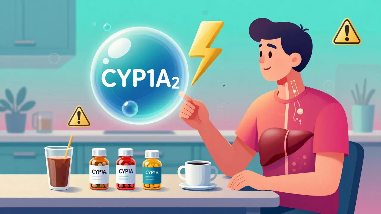 A person with pills and drinks as a blocked enzyme icon glows above with caffeine lightning.
