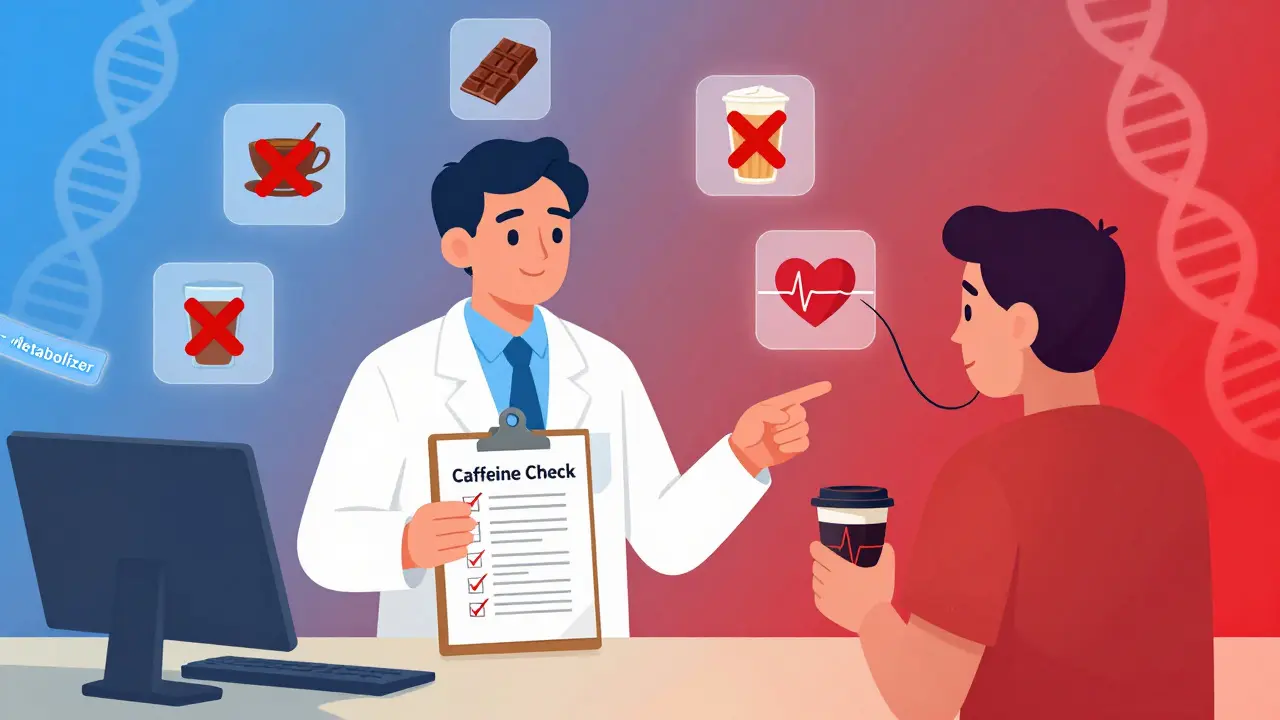 A pharmacist advises a patient while caffeine-related icons float with warning symbols.