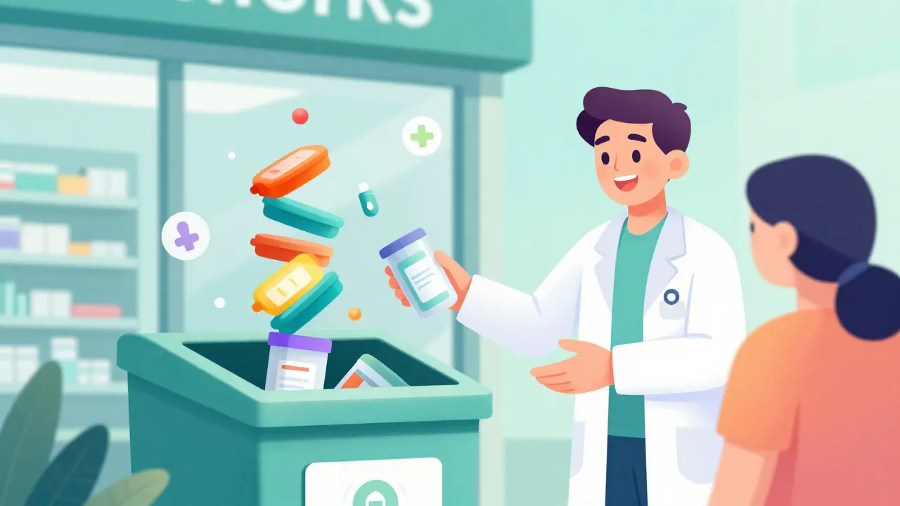 A pharmacist handing a sharps container to a patient at a pharmacy drop-off bin.