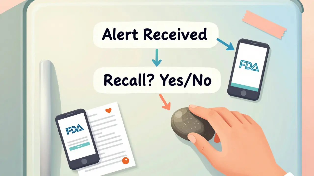 A refrigerator with a colorful decision flowchart and medication list beside a verified alert.