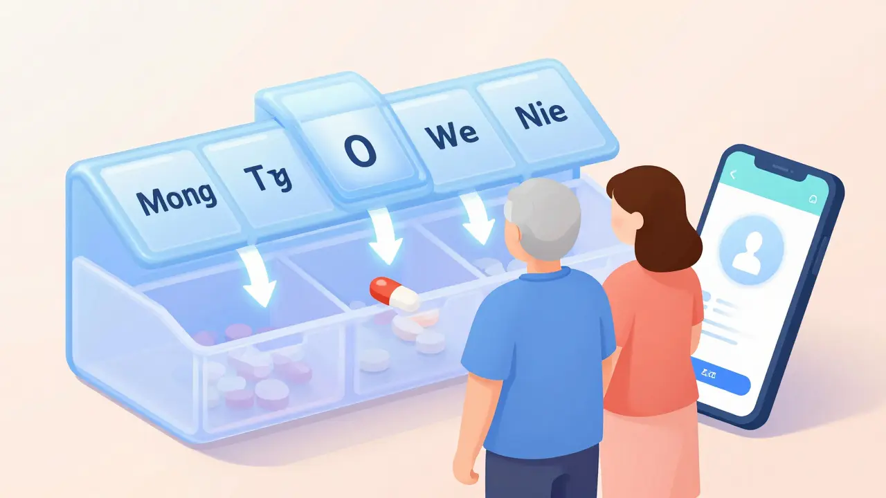 A senior and caregiver beside a colorful pill organizer with time-separated compartments and a reminder app nearby.