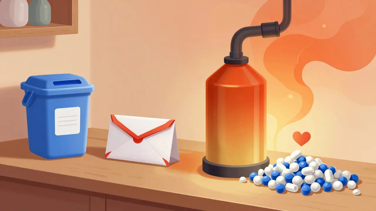 A sharps container's journey from home to incineration and recycling in gradient colors.