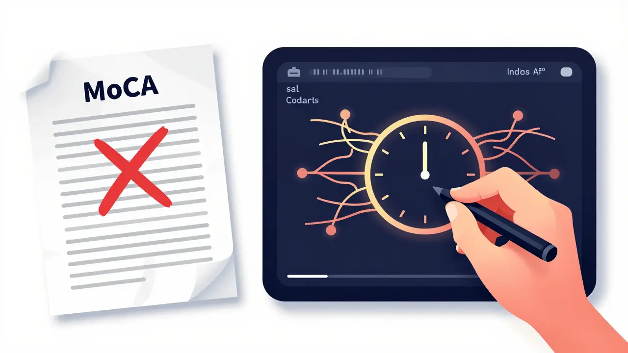 A split illustration comparing a failed paper cognitive test to a digital dashboard analyzing pen strokes and eye movements.