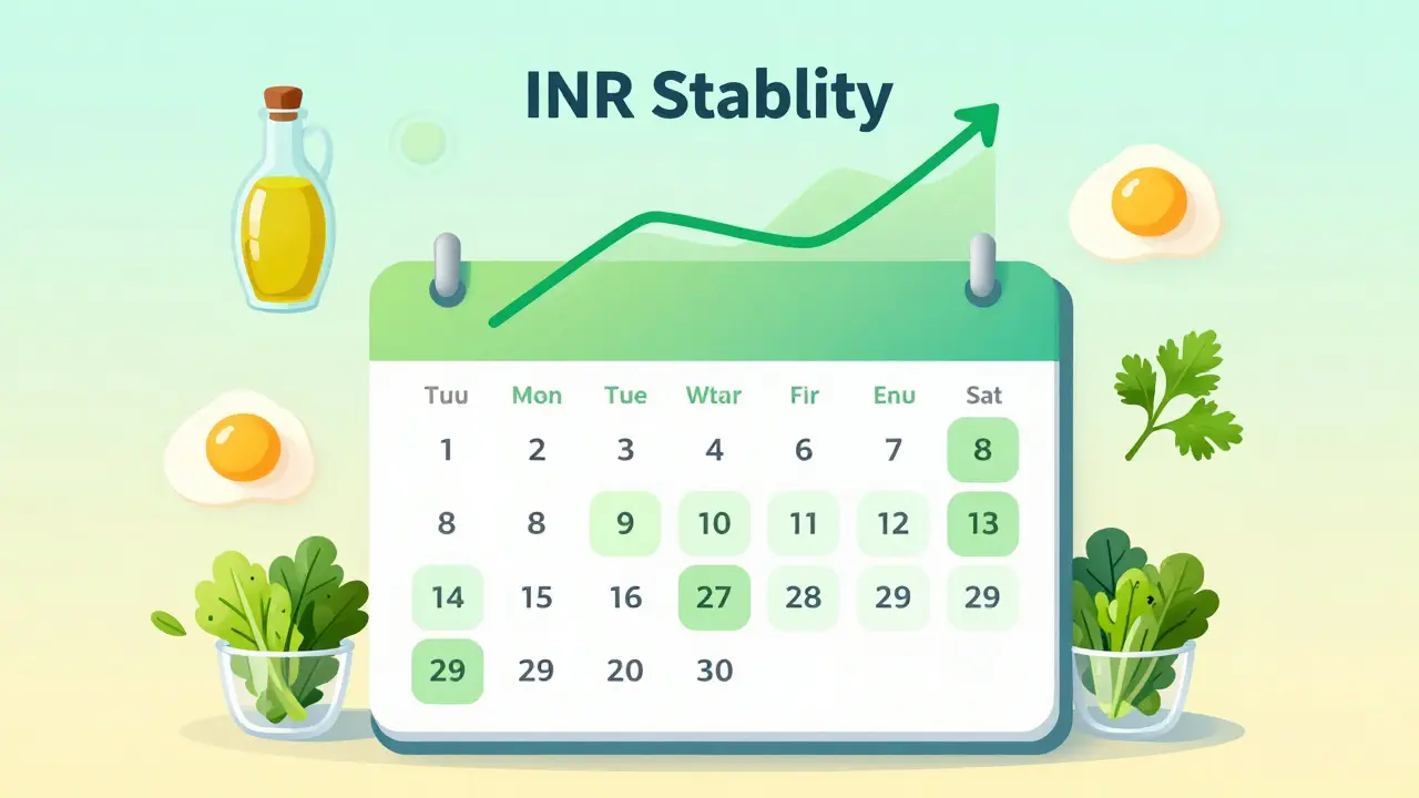 A weekly calendar showing regular greens on Tuesdays and Thursdays, with a stable INR graph above.