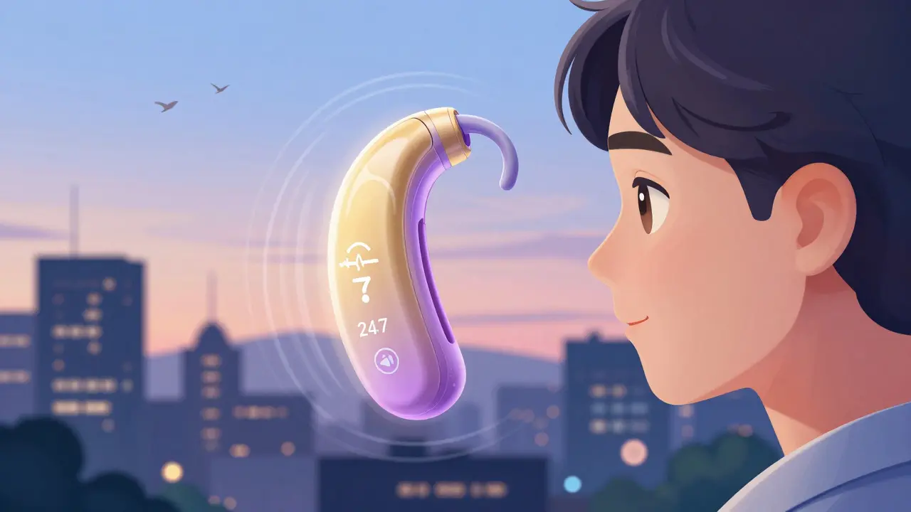 An invisible hearing aid with health sensors floating near an ear, displaying real-time wellness data.