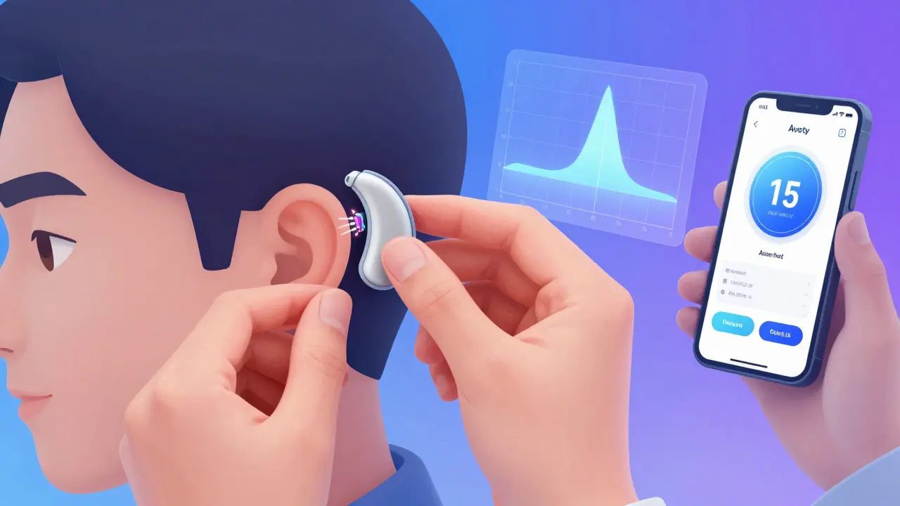 Audiologist fitting a hearing aid while a digital audiogram glows beside them with gradient colors.