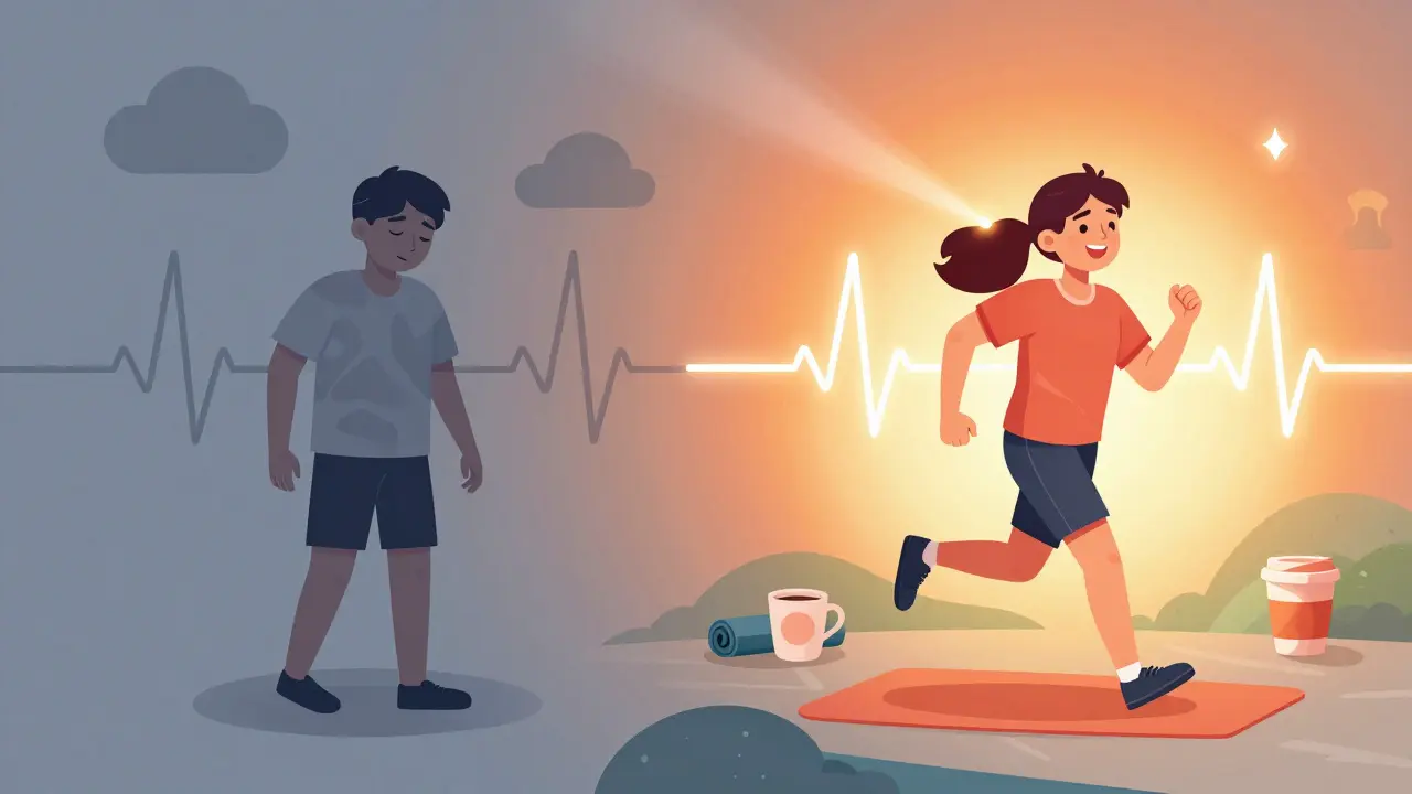 Before-and-after scene: tired person with irregular heartbeat becomes healthy with smooth rhythm and lifestyle symbols.