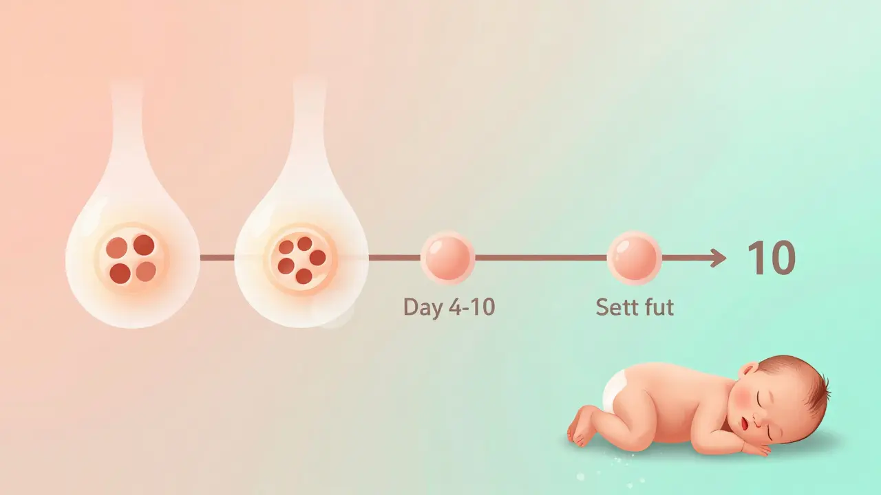 Breast tissue timeline showing how drug transfer decreases after day 10 postpartum.