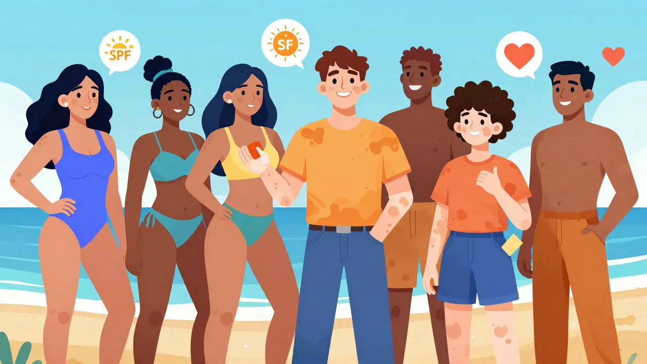 Diverse individuals confidently living life with camouflaged vitiligo patches.