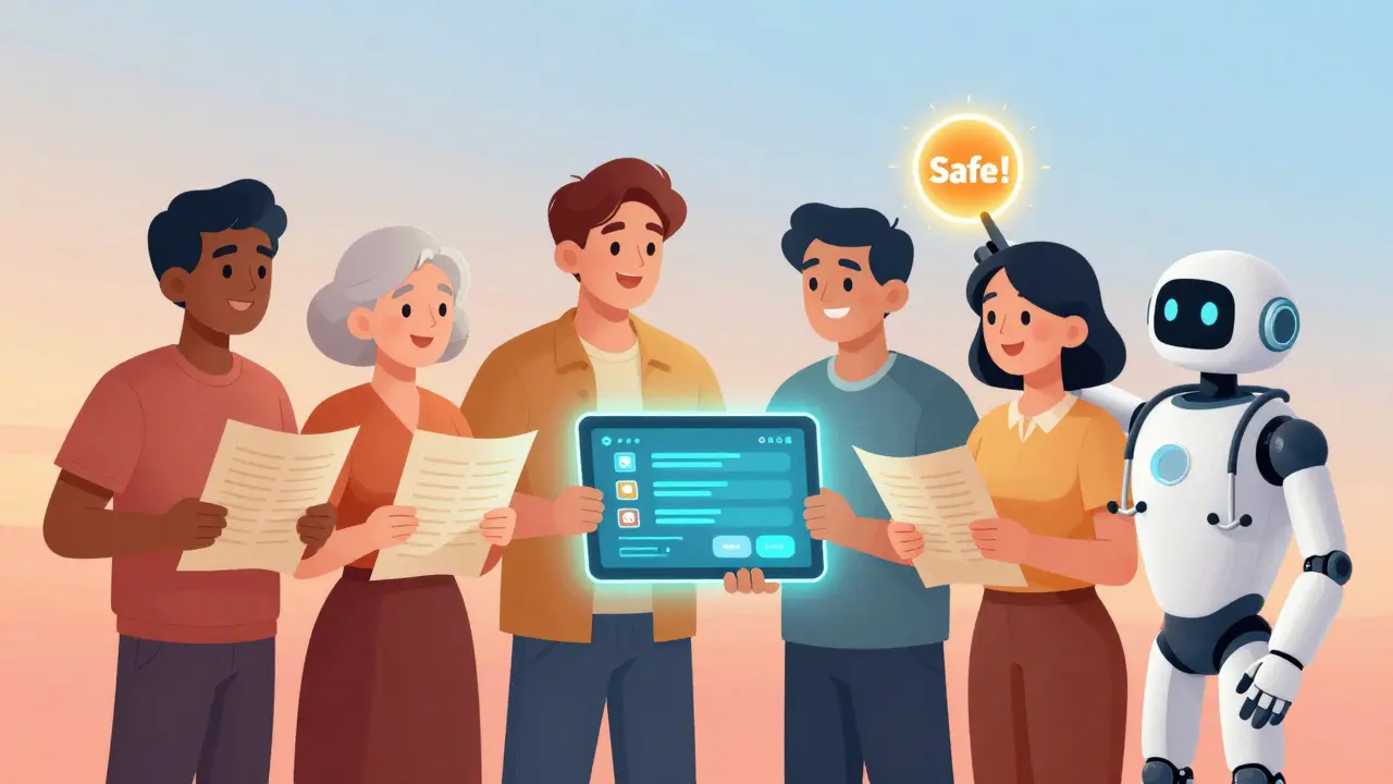 Diverse people use a tablet to check drug interactions, guided by a friendly AI robot under a gradient sunrise sky.