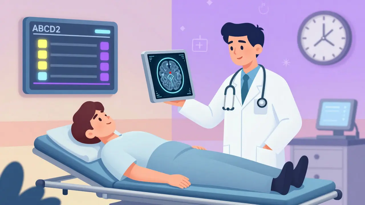 Doctor reviewing MRI scan showing brain damage in emergency room