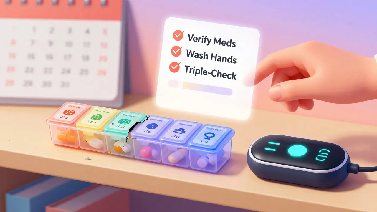 Faded old pill organizer next to a new glowing electronic one, with checklist floating above.