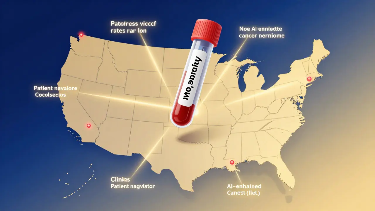 Futuristic blood test vial above a U.S. map, with golden light connecting to screening programs and AI colonoscopy technology.