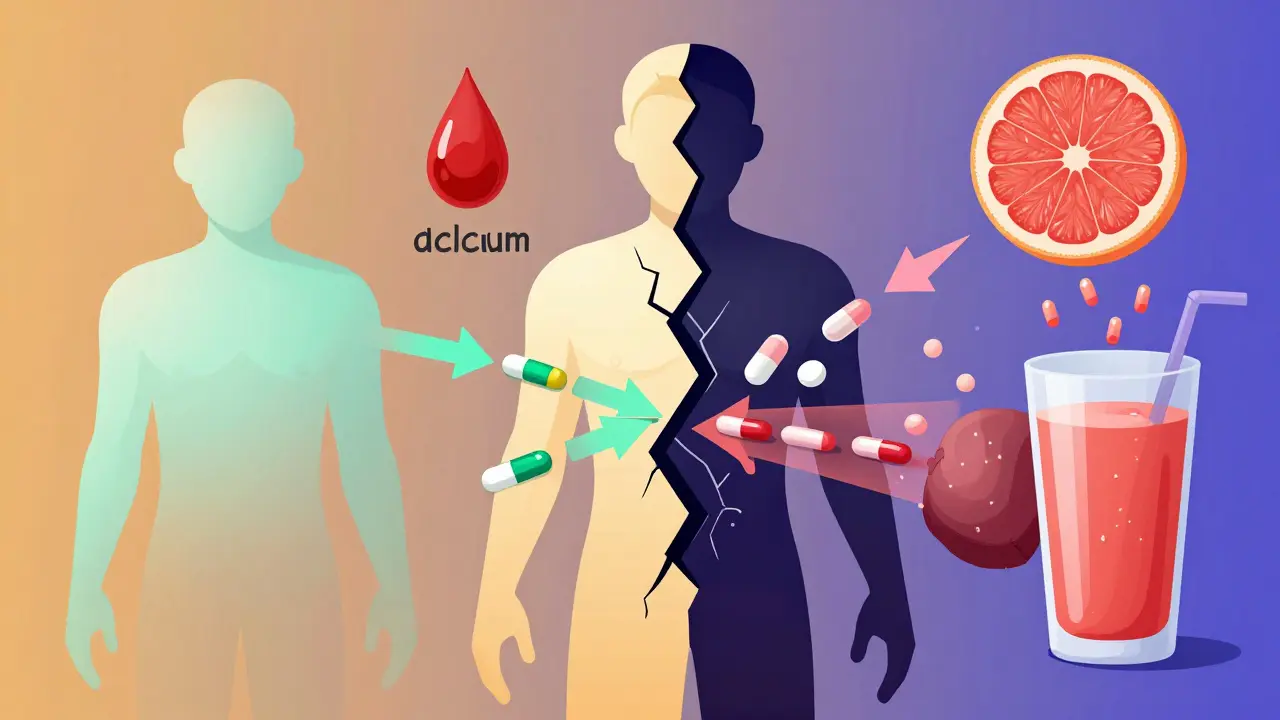 Human body split into healthy and chaotic sides, showing drug interactions with glowing arrows between medications and foods.