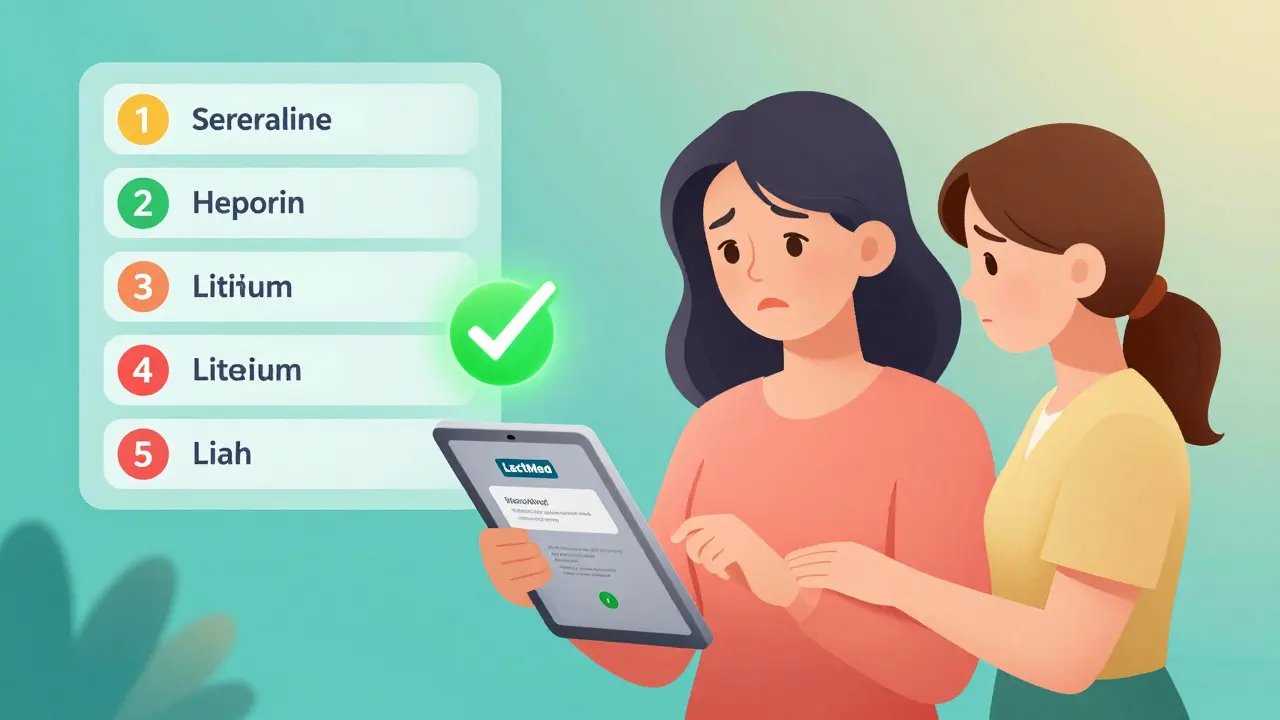 Mother using LactMed app with safety ratings for medications, guided by a lactation consultant.