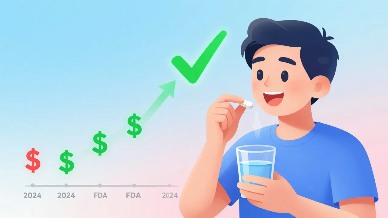Patient taking one combo pill with a rising green checkmark and falling drug prices in the background.